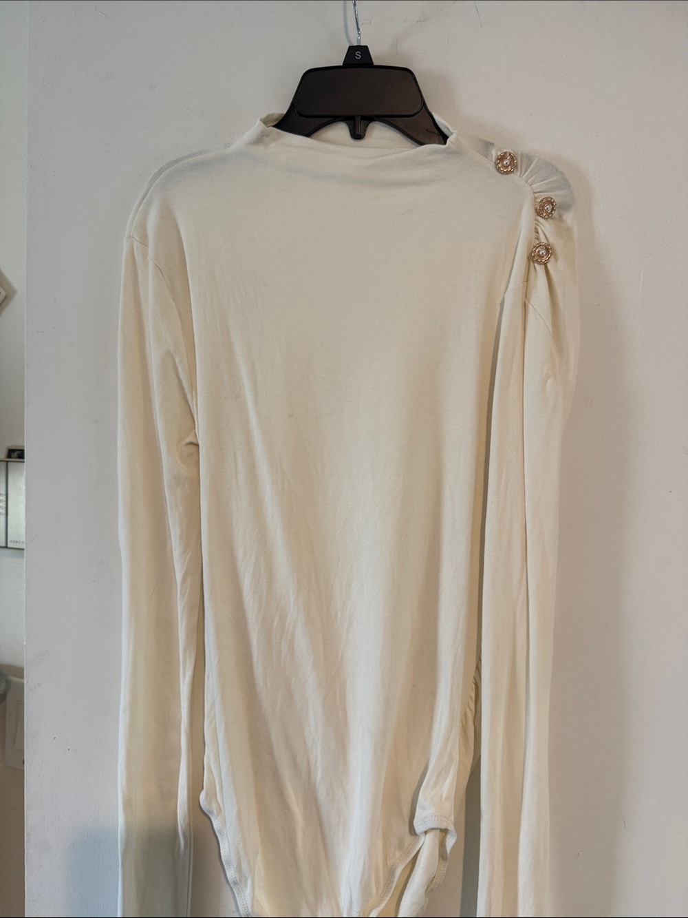 Commense Cream Long Sleeve Bodysuit with Decorative Shoulder Buttons